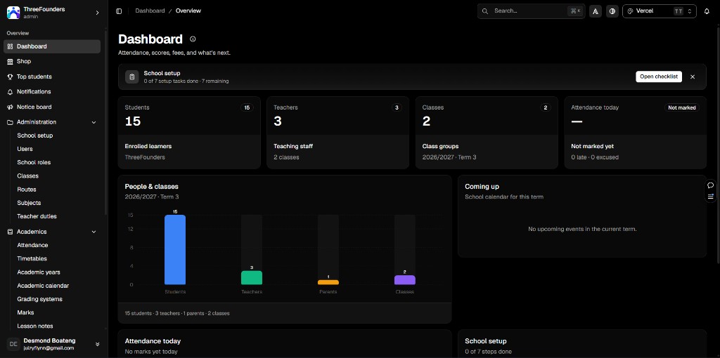 Skoolix dashboard preview in dark mode